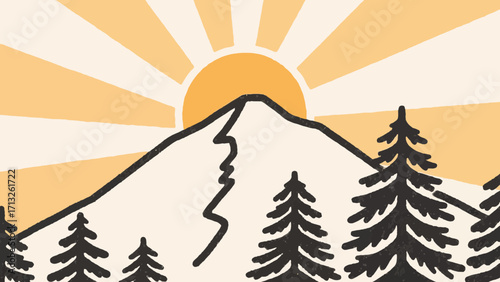 Illustrated mountain landscape with rising sun and evergreen trees evoking nature's beauty