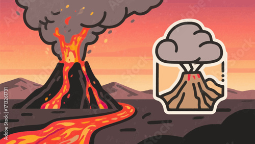Illustration of an erupting volcano with lava flow and smoke against orange sky