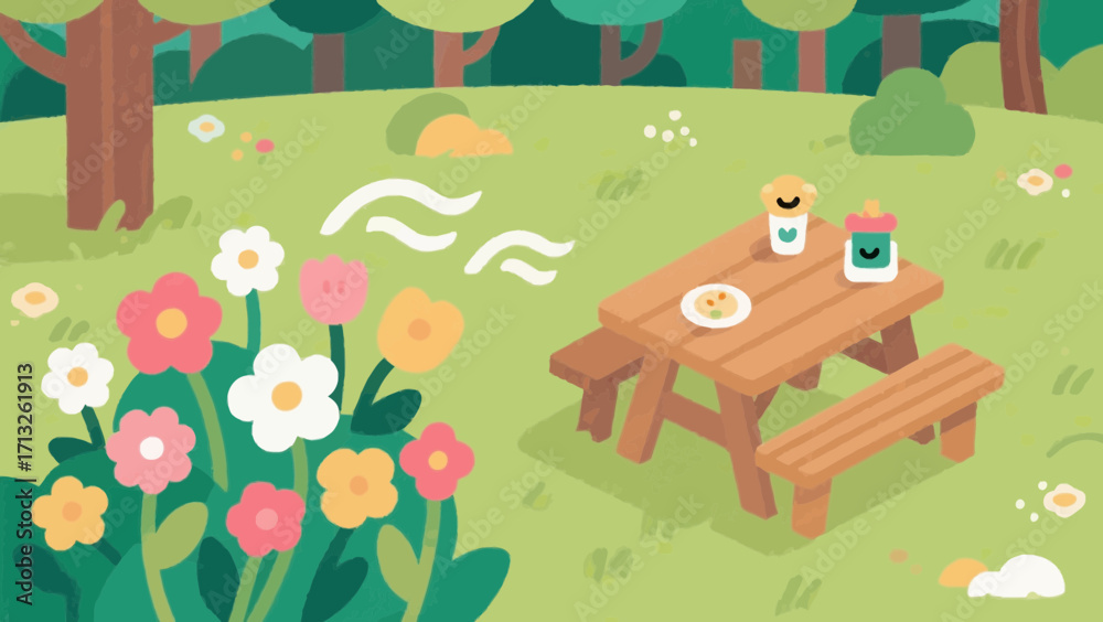 Fototapeta premium Picnic in the meadow with flowers and a wooden table in a forest illustration