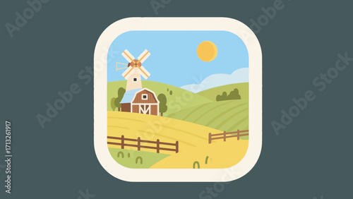 Picturesque farm landscape featuring a windmill barn and sunny blue sky countryside view