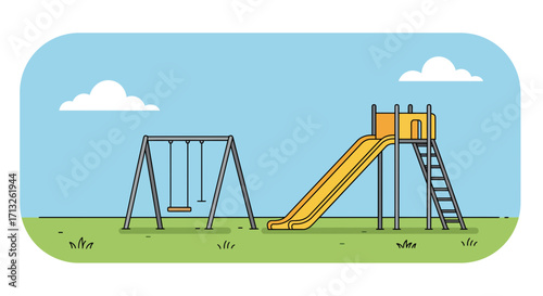 Playground with swings and slide on a sunny day illustration in vector format