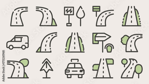 Road trip icons featuring winding roads, vehicles, and directional signs line art