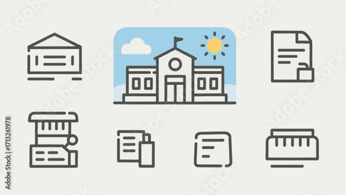 School building icon set with sun cloud documents education and learning elements