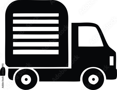 Silhouette of a delivery truck with a cargo box and horizontal stripes representing logistics and transportation services for shipping.