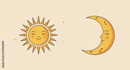 Smiling sun with closed eyes and crescent moon in a dreamy celestial illustration