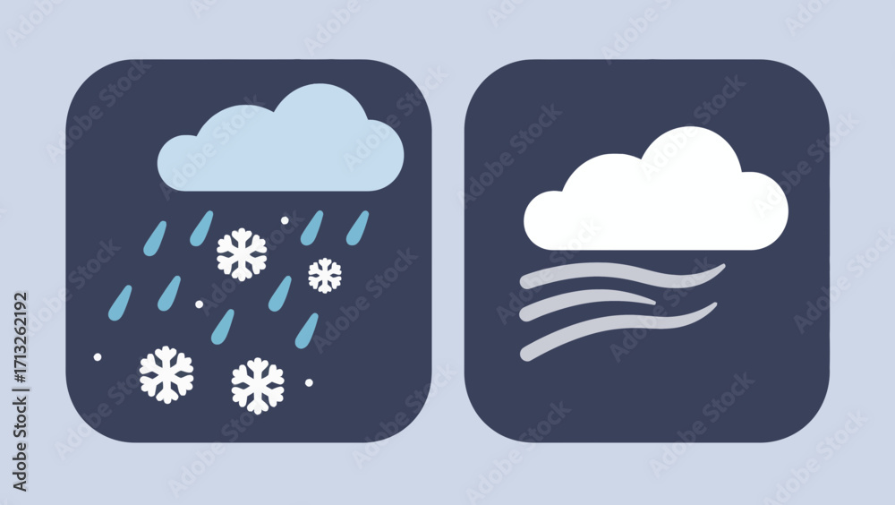 Weather forecast icons depicting sleet with snow and strong winds blowing clouds