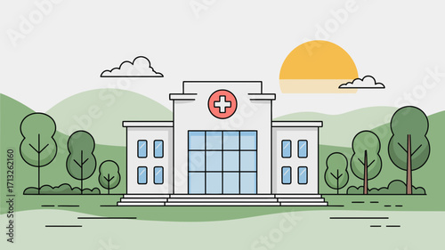 Vector illustration of a hospital building with trees and a calming landscape