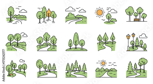 Vector parks and landscapes with trees, paths, and sunlight for nature designs