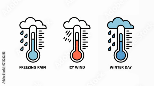 Weather forecast icons featuring thermometer under cloud for freezing rain, icy wind, winter