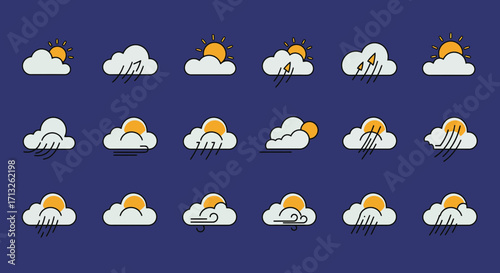 Weather forecast vector icons set featuring sun, clouds, rain, and wind elements