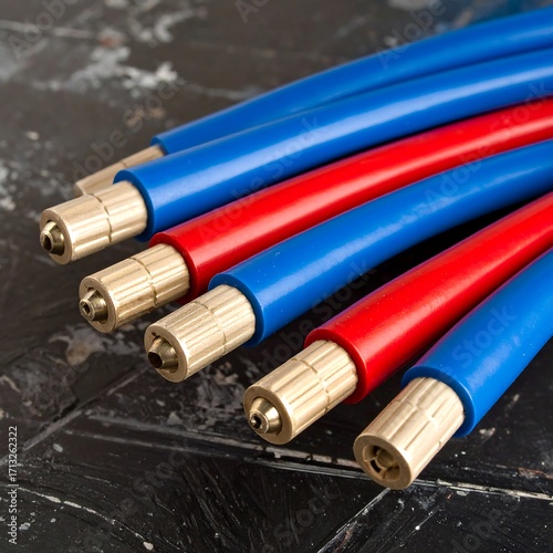 Close-up view of several lengths of plumbing or hydraulic hoses, exhibiting vibrant blue and red color-coded sections, lying on a dark, textured surface.
