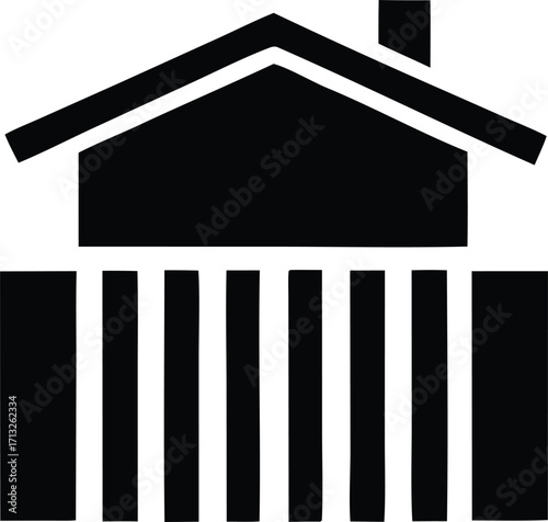 Simple silhouette of a house with a chimney and vertical fence iconic residential building symbol for real estate and home services