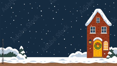 Illustration of a festive Christmas house with a yellow door and a wreath, snow-covered roof, glowing windows, and falling snow on a winter night. For holiday cards, seasonal banners and backgrounds.
