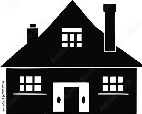 Iconic silhouette of a two-story house with chimneys and multiple windows and doors represents home dwelling residential architecture building