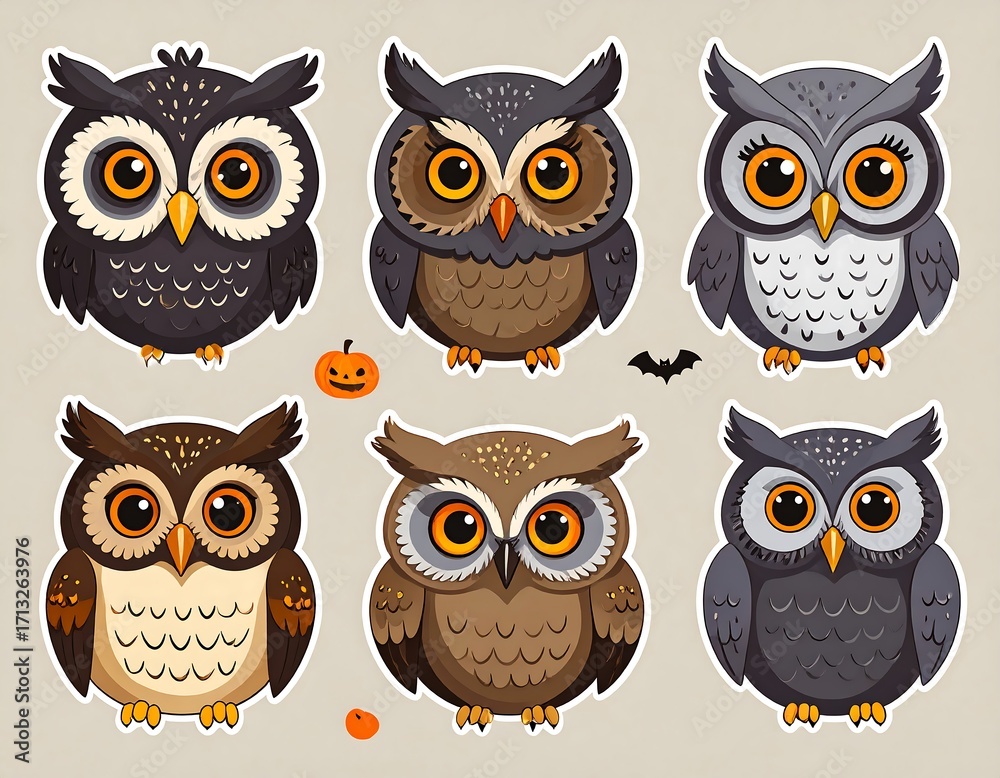 Fototapeta premium Cute cartoon owls, Halloween theme