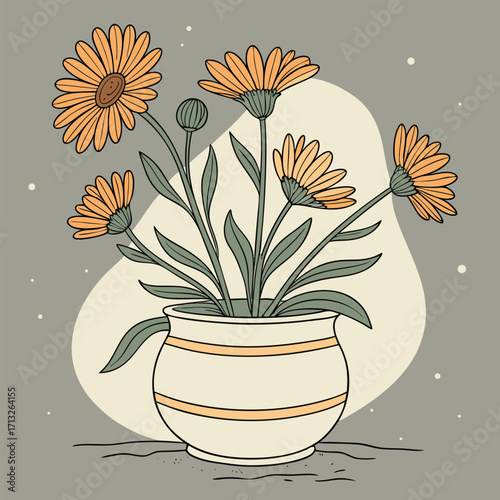 Orange daisy flowers in a pot illustration vase