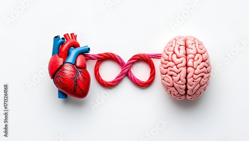 A stylized depiction shows a vibrant red anatomical heart connected to a pink brain by a twisted, interwoven rope-like structure forming an infinity symbol