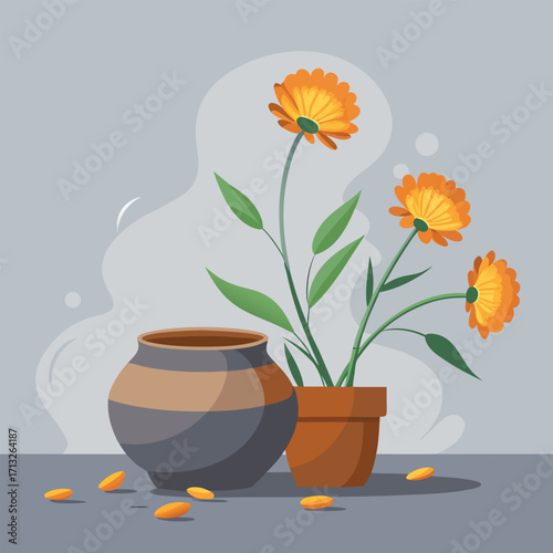 Orange flowers in a pot with a decorative vase and scattered petals
