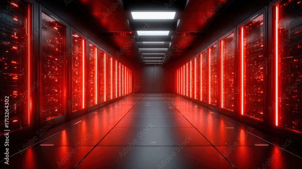 Fototapeta premium Cyber ​​threats to organizations. A futuristic server room illuminated with red lights, featuring rows of servers that create a high-tech ambiance.