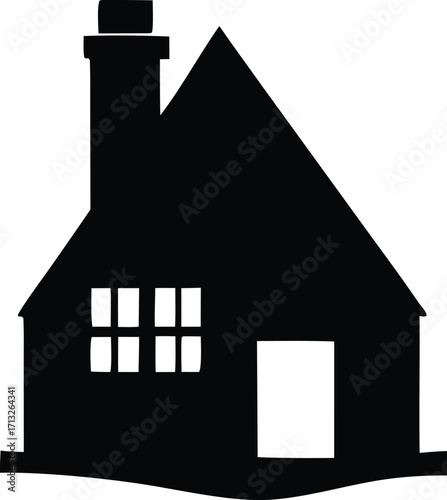 Simple black silhouette of a house with chimney windows and door ideal for general design use