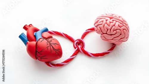 A conceptual depiction showcasing the interconnectedness of the heart and brain tied with a rope.