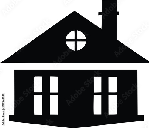 Simple black silhouette of a house with chimney and windows ideal for real estate or architectural design concepts