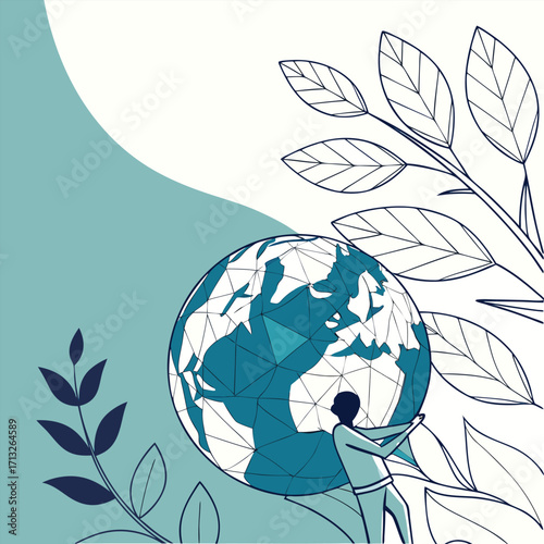 Person Holding Up a Geometric Earth Globe with Plant Elements