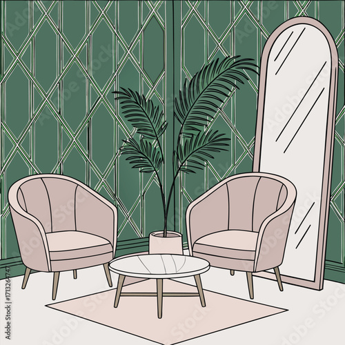 Pink Armchairs and Coffee Table in a Green Room interior