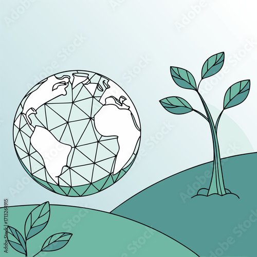 Planet Earth and sprouting plants on hills globe world