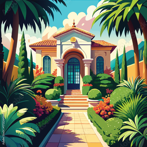 Mediterranean villa with lush garden and palm trees