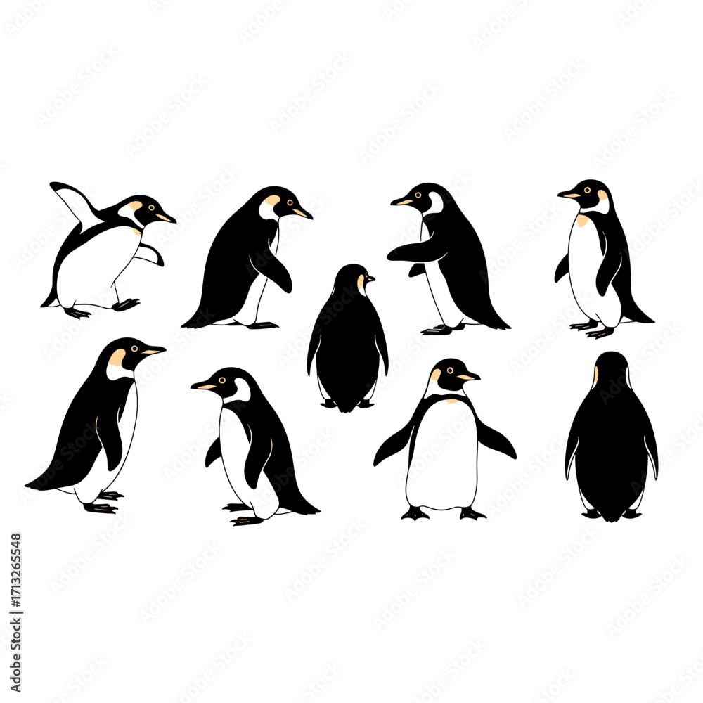 Fototapeta premium Charming Penguins Group Posing in Diverse Adorable Styles Isolated on Transparent Background