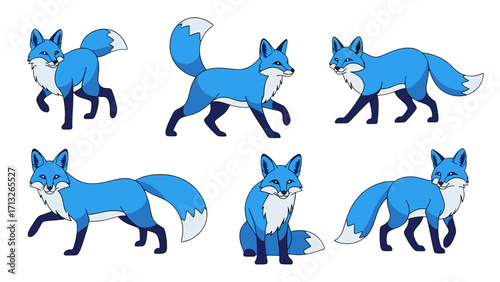 Playful Blue Fox Characters in Various Poses Isolated on Transparent Background Vector Art