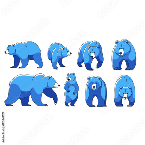 Set of blue cartoon bears showing different poses standing sitting walking isolated on transparent background