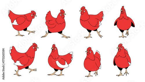 Set of eight cartoon red chickens in various playful poses isolated on transparent background
