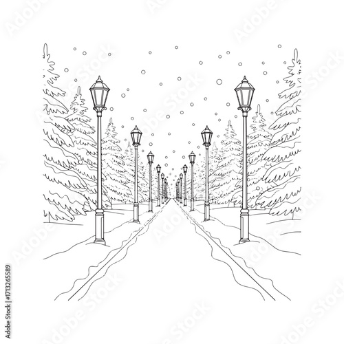 Winter Park Alley with Snowy Trees and Lampposts Line Art, Coloring Book Page Illustration.
