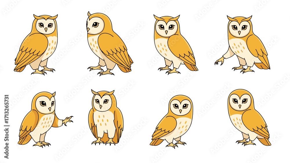 Fototapeta premium Cute Barn Owl Illustrations in Various Poses for Nature and Wildlife Projects Isolated on Transparent Background