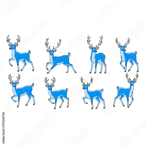 Vibrant Blue Reindeer Herd Dancing Joyfully Animated Icons on Transparent Background