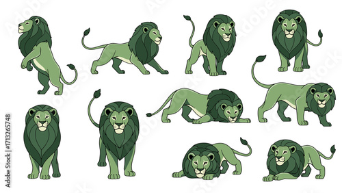 Majestic Green Lion Character Poses Wild Animal Alpha Channel Isolated On Transparent Background
