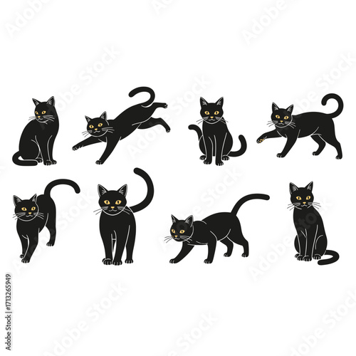 Nine Adorable Black Cats in Playful Poses Isolated on Transparent Background for Diverse Designs