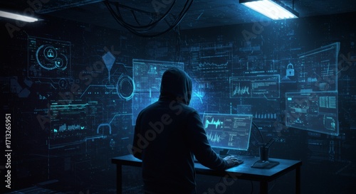 Cybersecurity Threat Hacker in Dark Room Digital Screens.