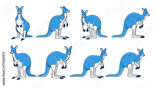 Blue Kangaroo Sprites Animation Sequence Jumping and Standing Isolated on Transparent Background
