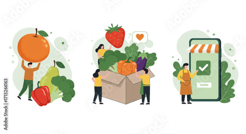 food delivery service concept, fruits, vegetables, and online order with happy people
