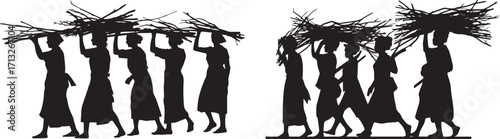 Silhouette art of women carrying wood bundles on head african tribal culture art