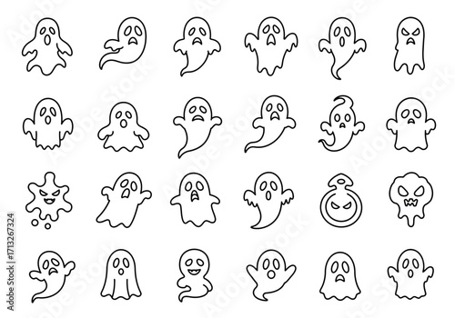 A collection of handdrawn ghosts in various shapes and expressions