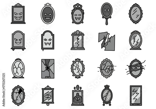 A collection of 20 stylized grayscale drawings of various mirrors mostly with spooky or broken designs