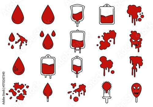 A collection of twentyone red blood drop and blood splatter icons on a white background