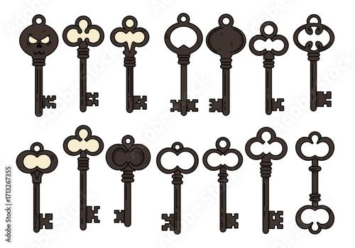 A collection of ornate vintagestyle keys on a white background