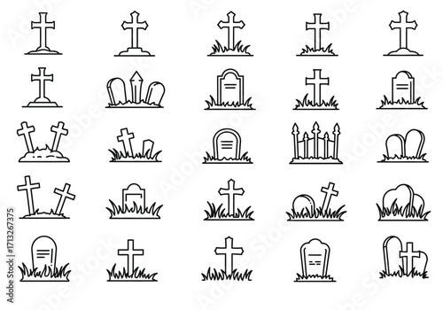 A grid of 25 black and white tombstone icons