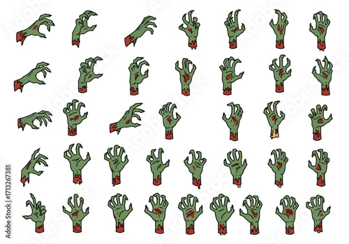 A grid of 40 zombie hands with bloodstains