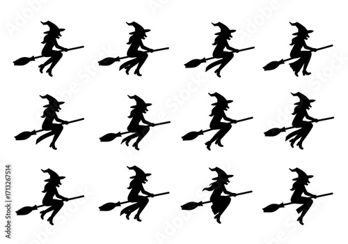 Black silhouette of 12 witches flying on broomsticks